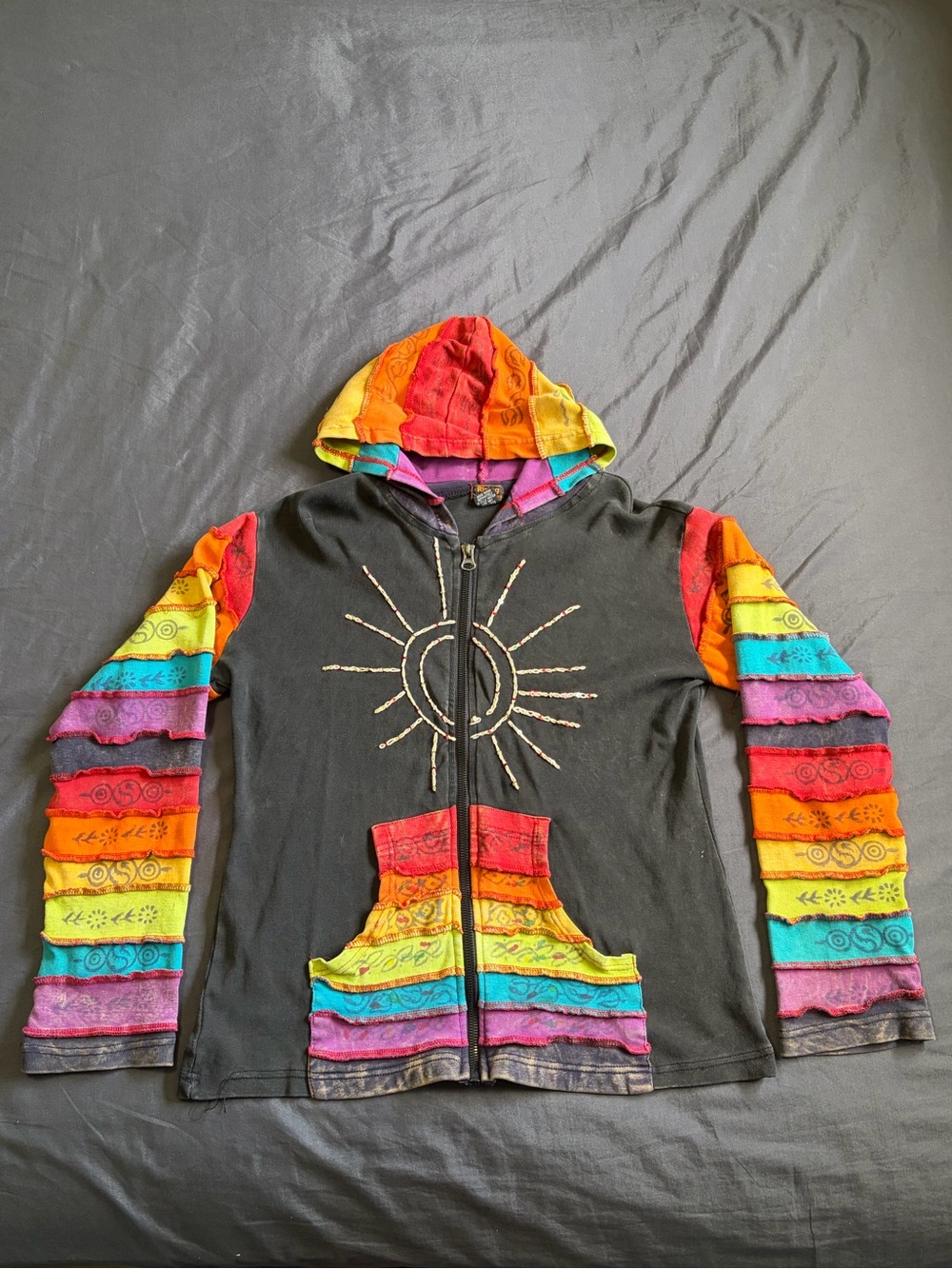 Fairy whimsical Colorful Patchwork Hoodie w/embroidered Sun Design size large